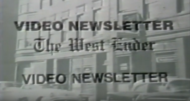 West End Video Newsletter Title Screen with a streetscape behind text