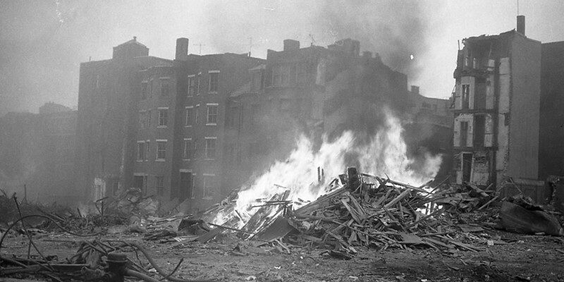 Remnants of the Government Center Project on fire