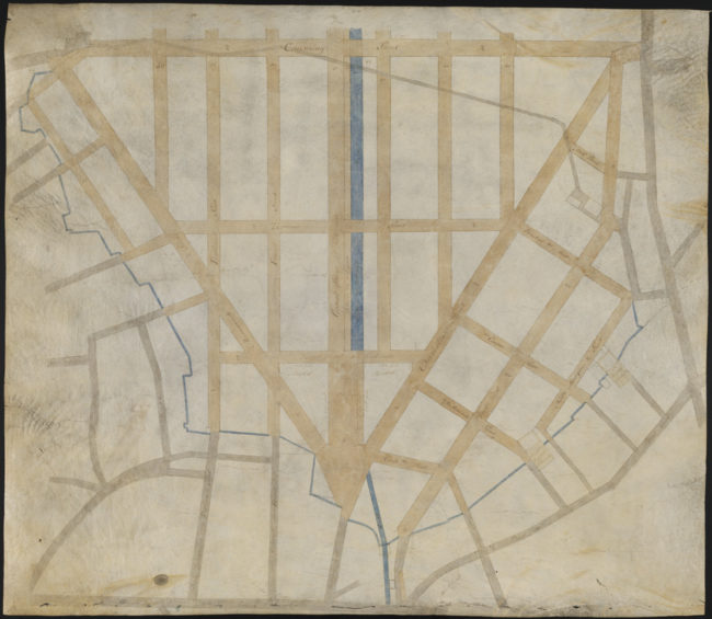 Drawing of a map showing a triangular are formed by intersecting streets with a blue line in the middle depicting a canal