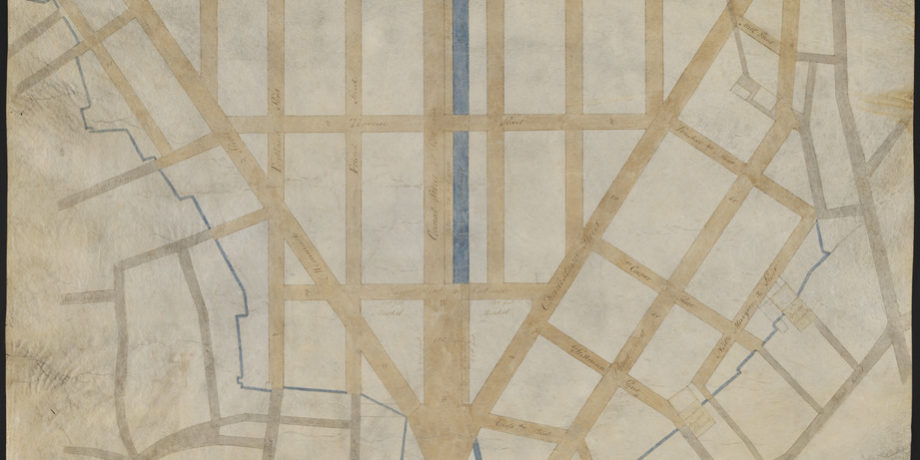 Drawing of a map showing a triangular are formed by intersecting streets with a blue line in the middle depicting a canal