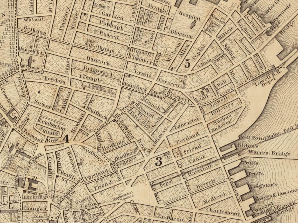 Clipping of a map showing the location of buildings at the Leverett Street Jail