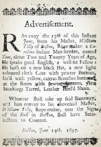 An ad offering a reward for the capture of a slave belonging to William Tilly, ropemaker