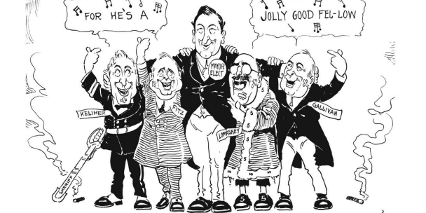 A political cartoon showing 5 men