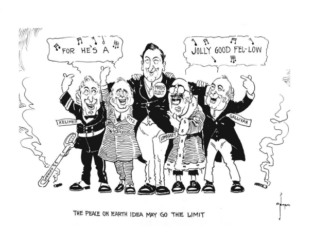 A political cartoon showing 5 men