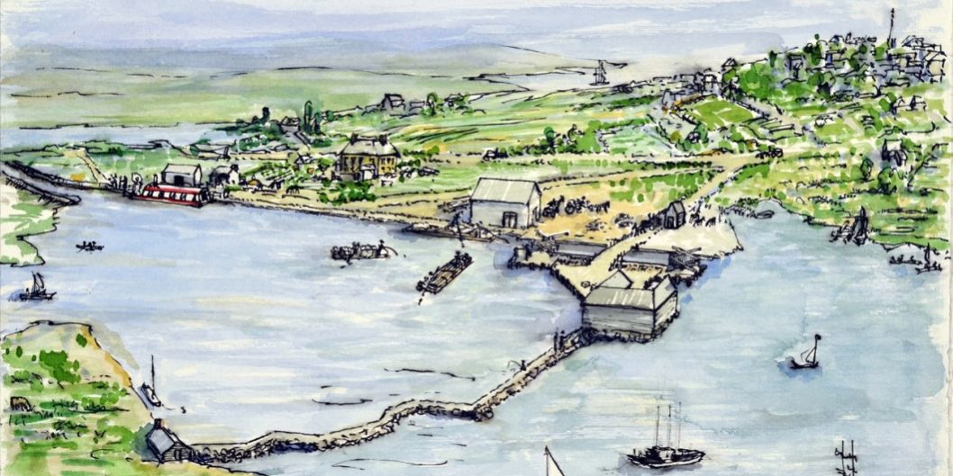 A watercolor of a small mill and its rural surroundings