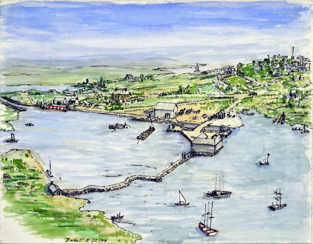 A watercolor of a small mill and its rural surroundings