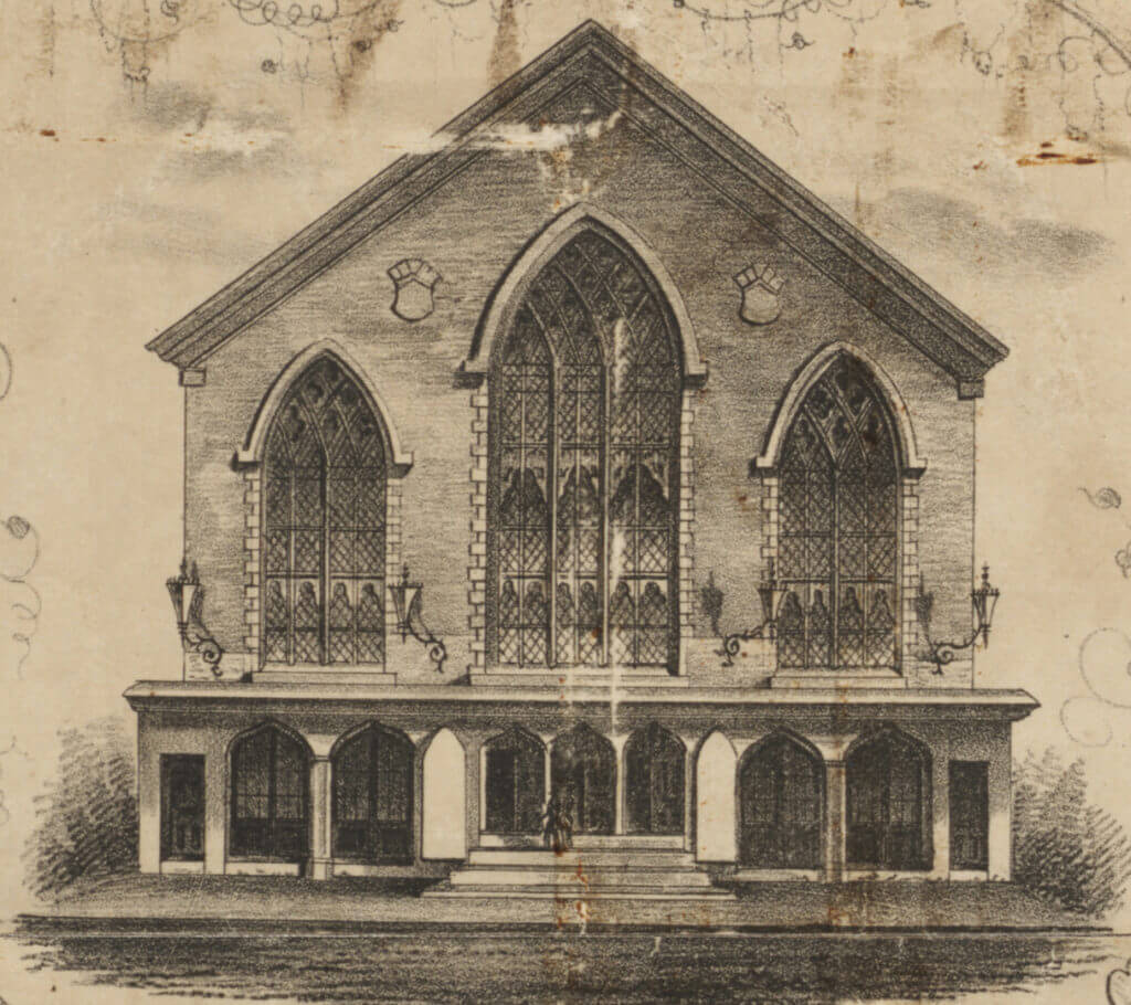 Etching of a steeple-less church building which had been converted into a theater
