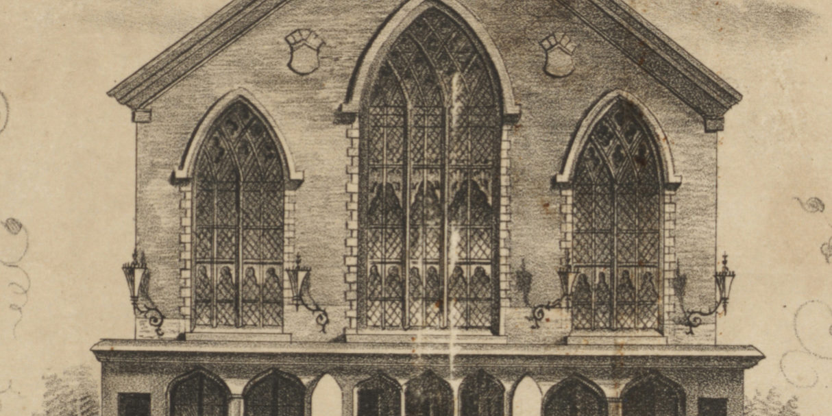 Etching of a steeple-less church building which had been converted into a theater