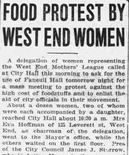 N newspaper clipping titled Food Protests by West End Women