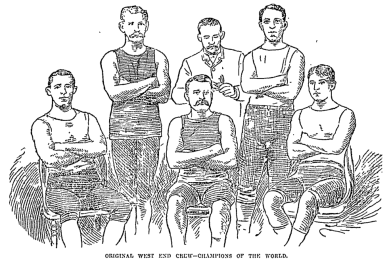 West End Crew Line drawing of 6 men. Five are in athletic wear and the sixth is wearing a suit