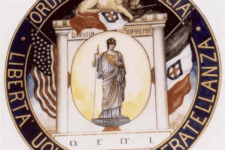 A circular seal with American and Kingdom of Italy flags, a lion, and a woman representing Italy