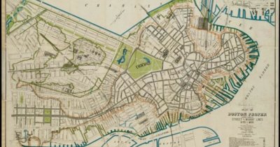 A map showing 2 overlapping shorelines of Boston to illustrate the massive landfill projects between 1800 and 1900