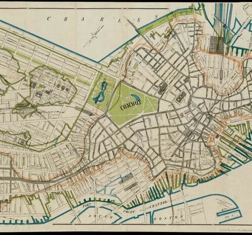 A map showing 2 overlapping shorelines of Boston to illustrate the massive landfill projects between 1800 and 1900