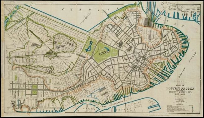 Perkins Map 1895 A map showing 2 overlapping shorelines of Boston to illustrate the massive landfill projects between 1800 and 1900