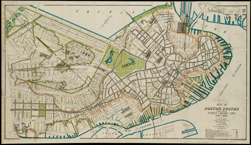 A map showing 2 overlapping shorelines of Boston to illustrate the massive landfill projects between 1800 and 1900