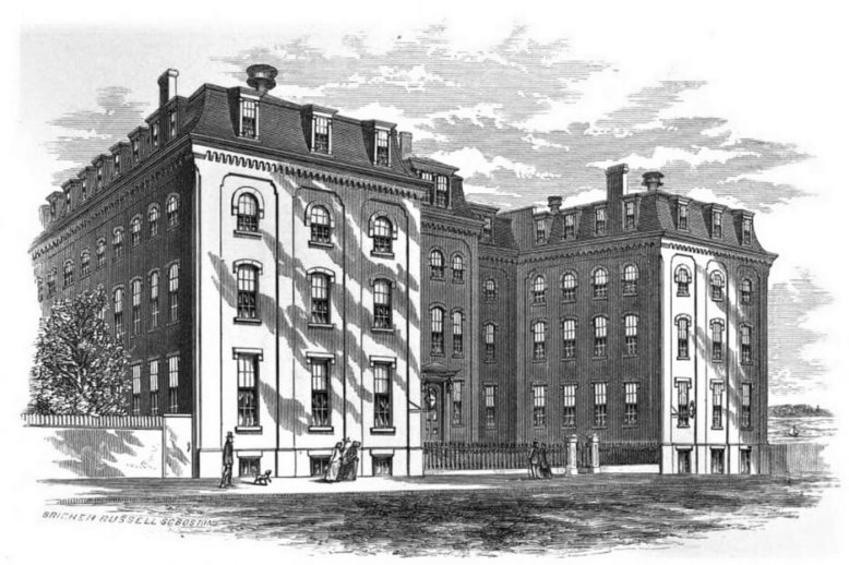 The Home for Aged Women (1862) a drawing of a "H" shaped four-story masonry building with a mansard roof
