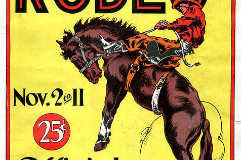 program for Boston Garden Rodeo photograph of a paper program with text Boston Garden presents Colonel W.T. Johnson's Rodeo, November 2 to 11, 25 cents, official program with illustration of a cowboy riding a horse