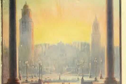 Magazine cover with the words 1915 New Boston written across the top and above a scene of the city of Boston viewed from the harbor with boats and people in the foreground and framed by two large pillars topped with birds with out-stretched wings