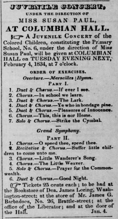 photograph of an advertisement in The Liberator newspaper for a Juvenile Choir concert under the direction of Susan Paul that lists the program of songs to be performed