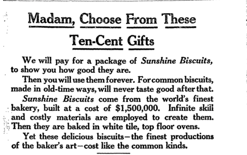 Excerpt of a newspaper advertisement for Loose-Wiles Biscuit Co., June 1, 1909, with the main title, "Madam, Choose From These Ten-Cent Gifts"