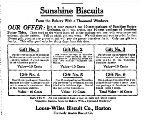Excerpt of a newspaper advertisement for Loose-Wiles Biscuit Co., June 1, 1909, showing various gift combinations of biscuit types