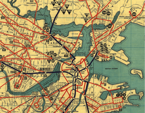Map showing a landmasses surrounding bodies of water and a network of rail systems