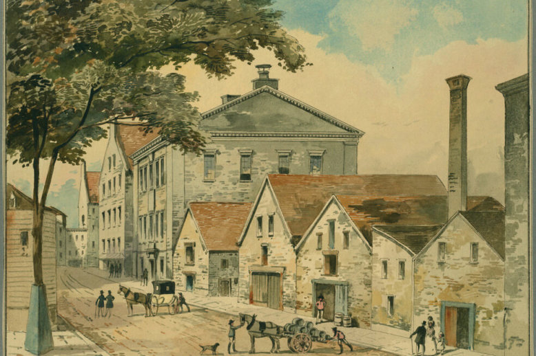 Lancaster Street Painting of a row of wooden and masonry buildings along both sides of a dirt road with people and horses