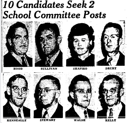 Photograph of a newspaper clipping with title, "10 Candidates Seek 2 School Committee Posts", with two rows of four portraits of men and women.