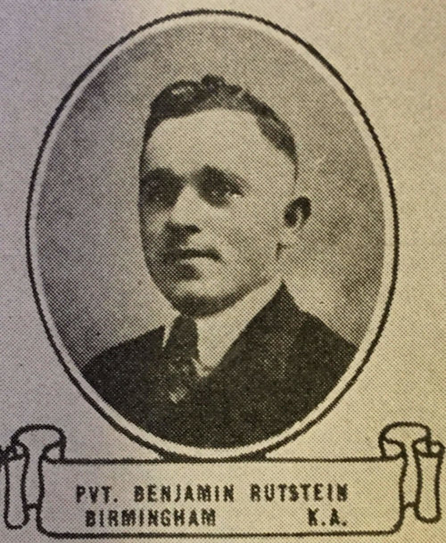 Photograph of a man posing with short hair wearing a suit and tie. Below the photograph is drawn a scroll with the words. "Private Benjamin Rutstein, Birmingham".