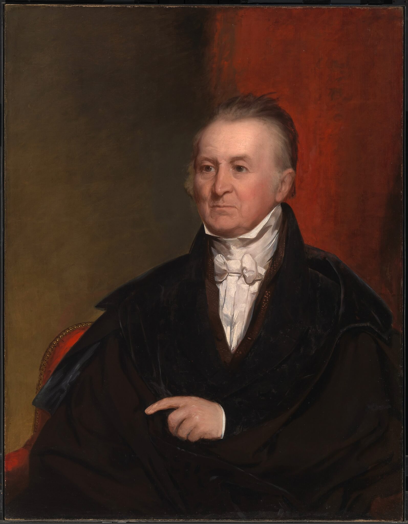 Painted portrait of a middle-aged man wearing his hair combed back and a high-collared cloak with a high-collared shirt and tie.