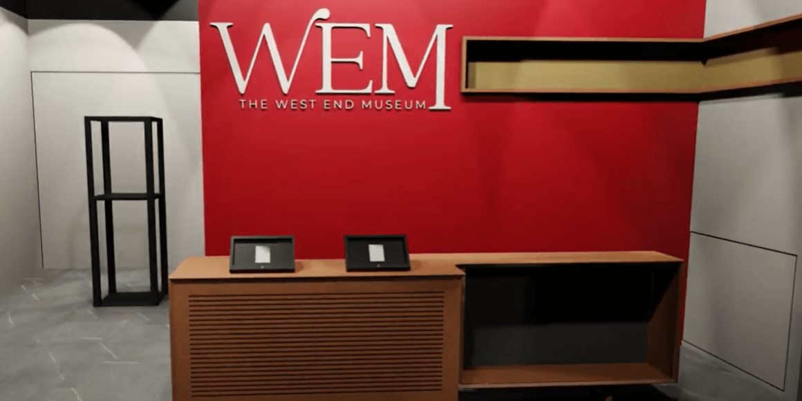 Entry Rendering A rendering of the Museum's entry facing the greeter's desk, with a large logo sign. The entry door is out of frame to the right.