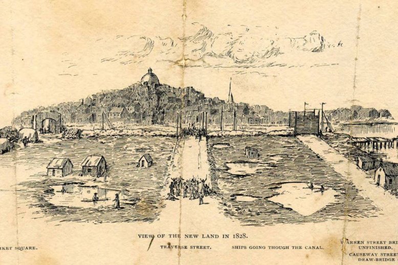 1895 drawing of land filled in the early 1800s, including Haymarket Square, Causeway Street, and the Bulfinch Triangle.