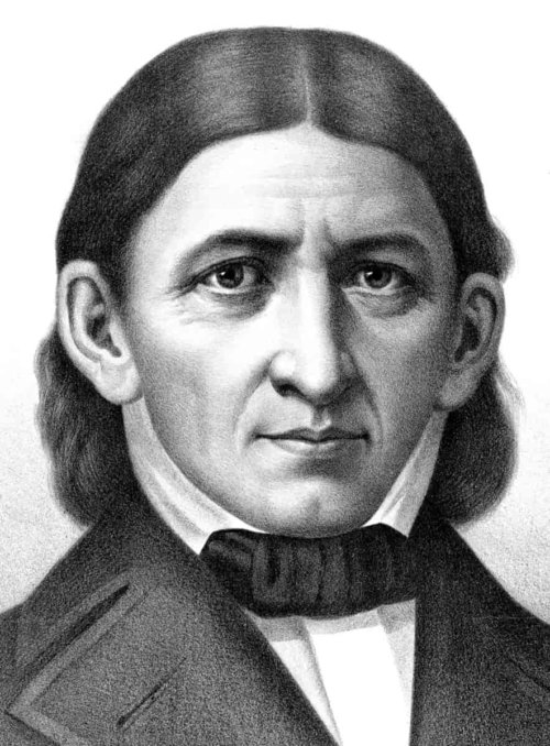 Drawing of a bust of a man with shoulder-length hair parted down the middle and wearing a suit and bow tie.
