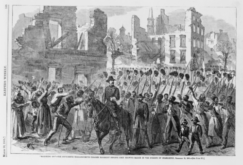 The Fifty-fifth Massachusetts Colored Regiment singing John Brown's March in the streets of Charleston, February 21, 1865 (Library of Congress).