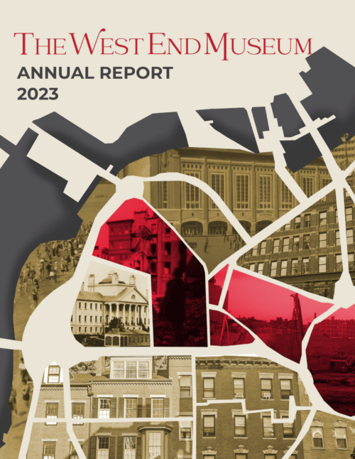 The cover of a report reading The West End Museum Annual Report 2023 and showing a stylized map of the West End with photos filling in a simplified street pattern.