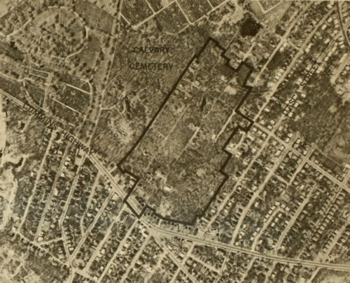 Aerial view of proposed project area, from the Boston Redevelopment Authority’s “Urban Renewal in Mattapan,” 1962 (Boston Public Library).