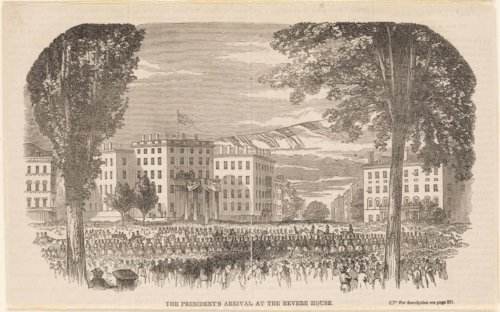 Etching of a city block of multi-story brick buildings in the background. In the foreground are a large crowd of people both on foot and horseback. Two trees are on the far left and right of the scene.