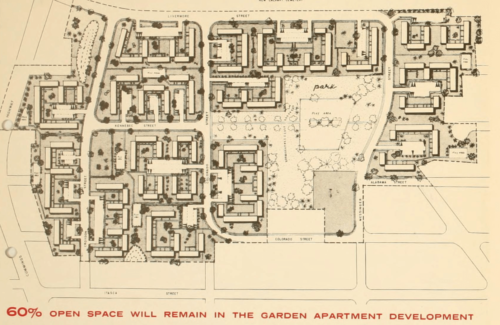 Garden apartment proposal, from the Boston Redevelopment Authority’s “Urban Renewal in Mattapan,” 1962 (Boston Public Library).