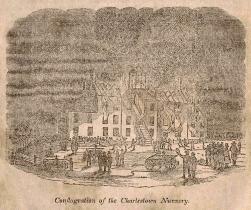Depiction of the burning of the Ursuline Convent in 1834.