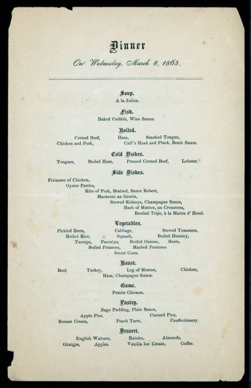 Image of a menu from the Revere House hotel in 1865.