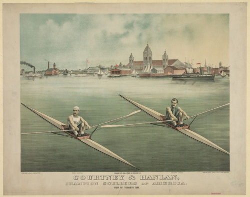 Print of Charles E. Courtney and Edward Hanlan in racing shells in Toronto Bay, c. 1879 (Library of Congress).