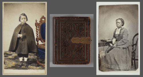 Outside of Harriet Hayden album book with two photographs.