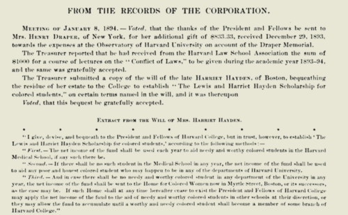 Record of Harriet Hayden’s endowment, from January 8, 1894, Harvard University meeting (Harvard University Bulletin).