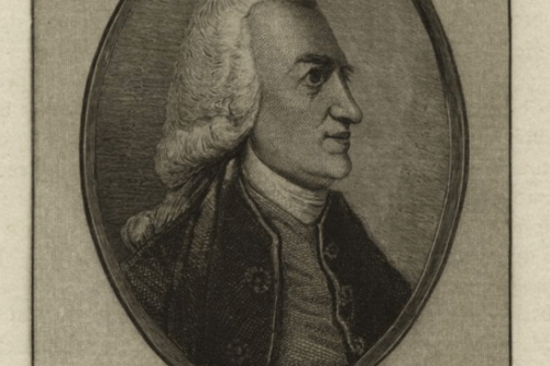 A drawn portrait of a man in profile wearing a powdered wig. A facsimile signature of "James Baldwin" is below the image.