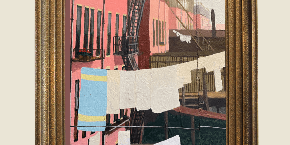 Framed painting of tenements.