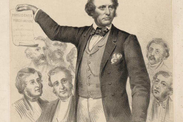 Charles Sumner with Emancipation Proclamation Eighteenth-century man holding a document to an onlooking crowd.