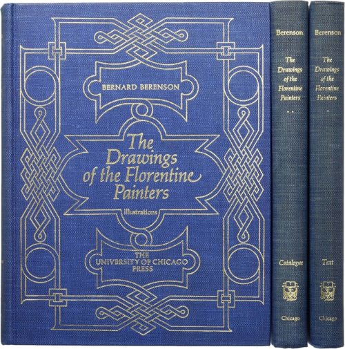 A blue textbook with the title "The Drawings of the Florentine Painters" by Bernard Berenson.
