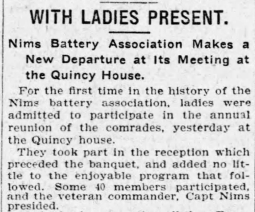 Boston Globe newspaper clipping that reads: "With Ladies Present. Nims Battery Association Makes a New Departure at Its Meeting at the Quincy House."