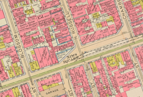 A 1917 street map showing Nims Square at the corner of N. Russell and Cambridge Streets.