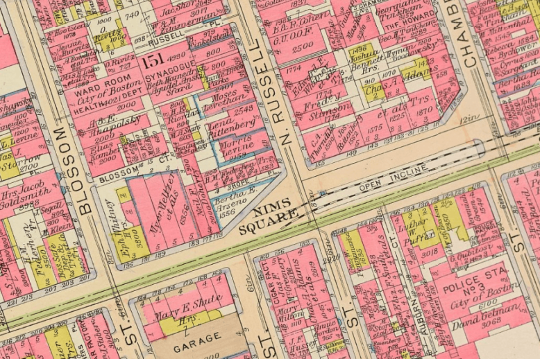A 1917 street map showing Nims Square at the corner of N. Russell and Cambridge Streets.